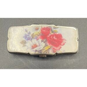 vtg 20th century Rare‎ floral Pearlescent enamel metal pill box 3 compartment